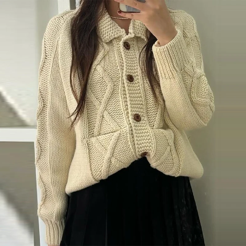 

Winter Knitted Sweater Coat Vintage Single Breasted Pocket Lazy Warm Cardigan 2025 NEW Full Sleeve Casual Loose Female Sweaters