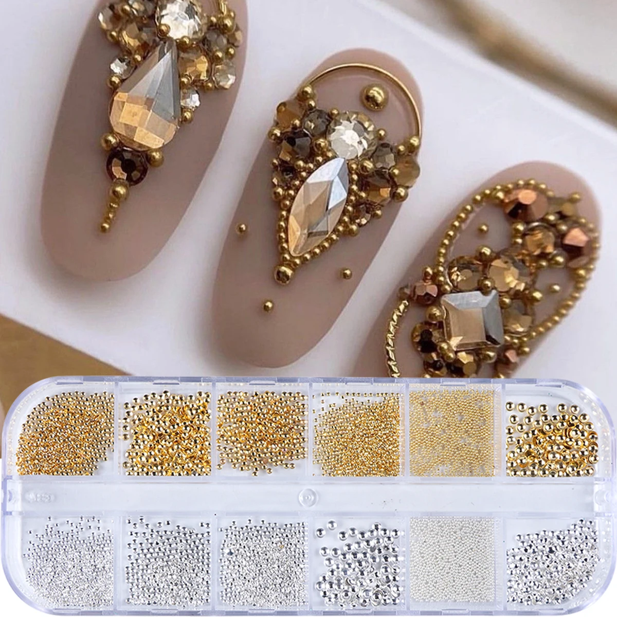 12 Gitter, goldene und silbrige Nagel-Kaviarperle, 3D-Metall-Nagel-Charms, Edelsteine, Nageldekoration, gemischte Größen, runde Stahlkugel-Maniküre-Perlen