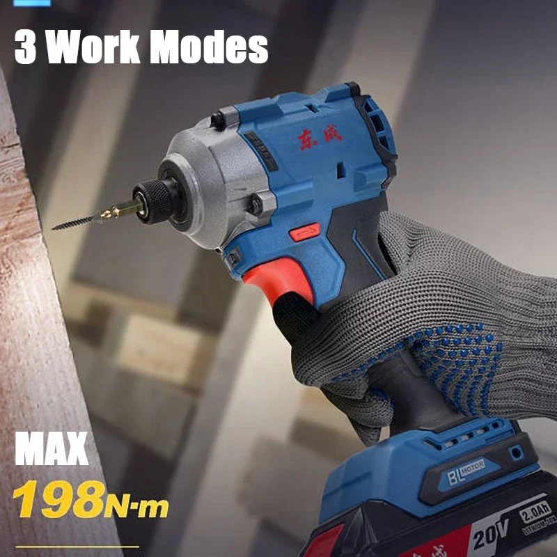 Dongcheng DCPL198 Cordless Impact Screwdriver Brushless Auto Stop Reverse 3 Speed Adjustable 20v Torque 198Nm 3200rpm 3500bpm