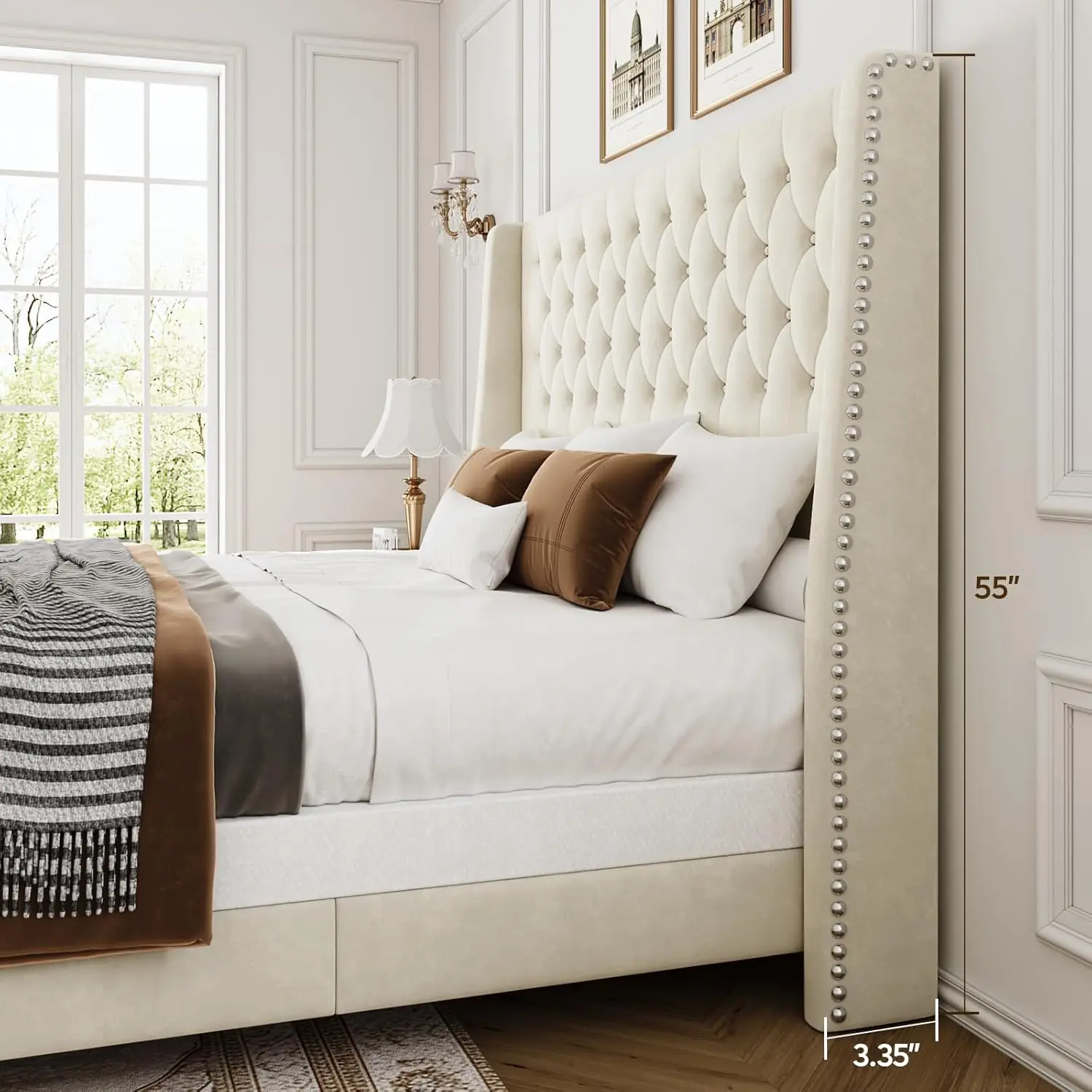 Queen Bed Frame with 55" Tall Headboard, Upholstered Bed Frames, Soft Fabric, Button Tufted Headboard with, Customized