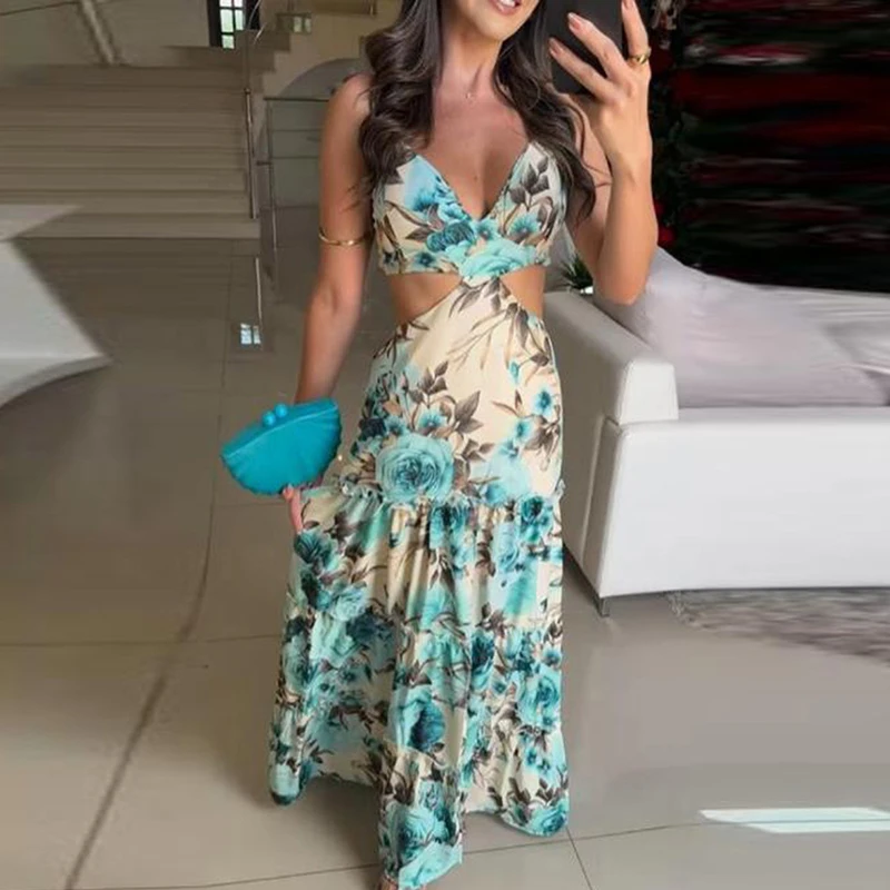 Nuevo vestido largo de playa con espalda descubierta 2025, vestido bohe con estampado Floral y cuello en V a la moda para mujer, vestido de fiesta elegante sin mangas con agujeros y cintura alta