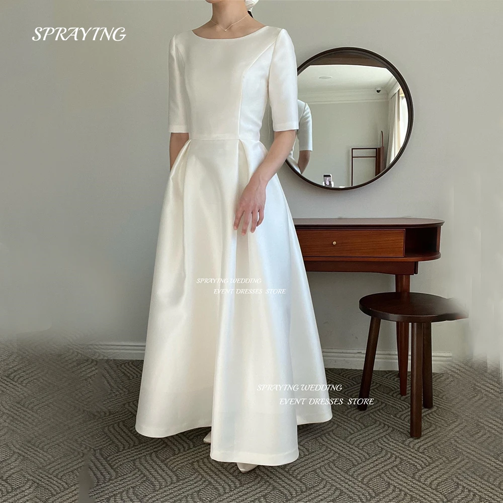 SPRAYING Simple O Neck Korea Wedding Dress Photo Shoot A Line Satin Half Sleeve Floor Length Bridal Gown Corset Back