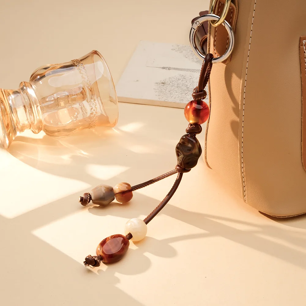 Vintage Acrylic Beads Charm Keychain Easy To Hang And Retrieve Keyring Decoration PU Leather Hand Weaving Pendant Bag Accessorie