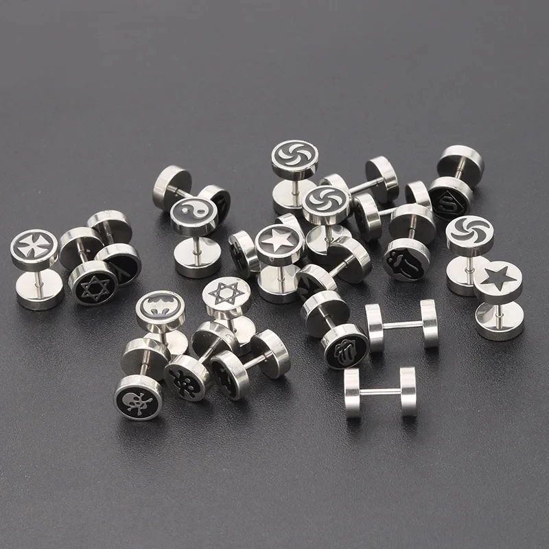 Stainless Steel Barbell Dumbbell Studs Earrings For Men Women Punk Gothic Pattern Earrings Fashion Piercing Jewelry Wholesale