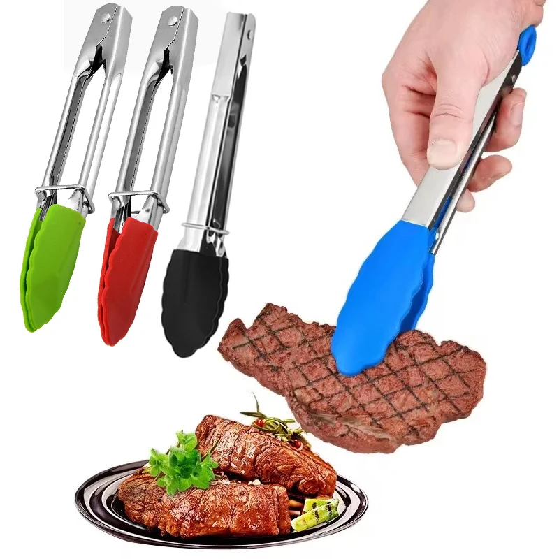 1pc 7 Inch Long Bbq Tongs Non-Slip Handle Stainless Steel Fried Barbecue Clip Salad Bread Clamp Kitchen Tools Meat Food Clip