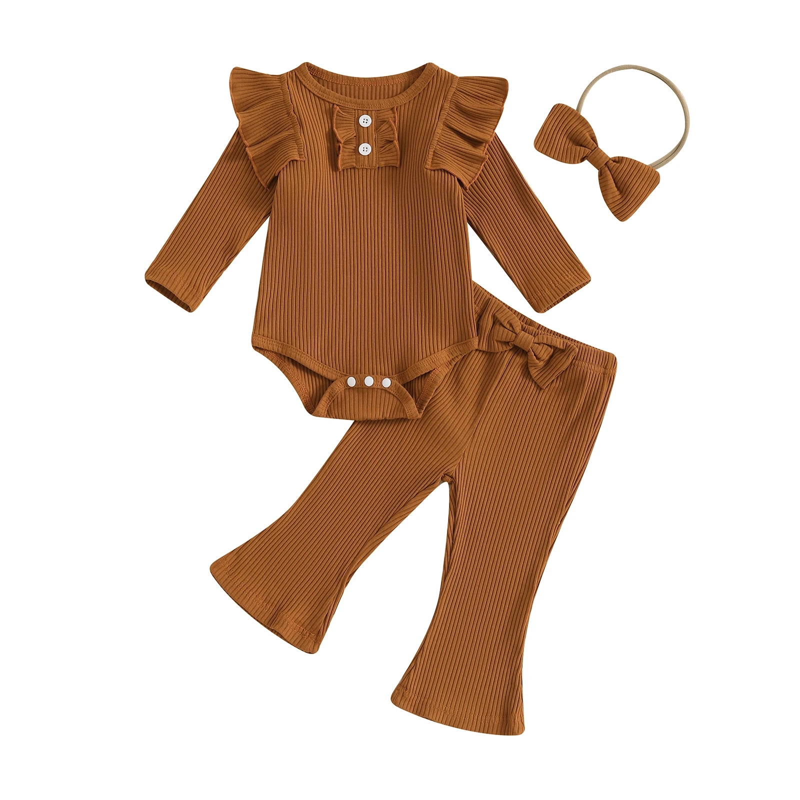 Baby baby meisjes herfst 3-delige outfits effen kleur lange mouwen romper en uitlopende broek met hoofdband geribbelde set pasgeboren kleding