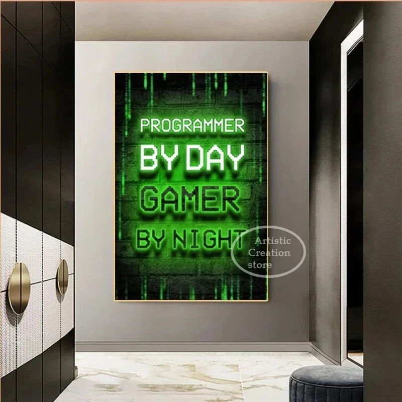 Neon Sign Gamer Hacker Code Programmer Art Canvas Paintings Posters and Prints Wall Art Pictures Gamer for Bedroom Decoration