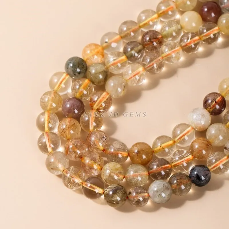 Natural Multicolor Rutilated Quartz Beads Round Loose Space Energy Hair Crystal Bead For Jewelry Making Diy Bracelet Necklace