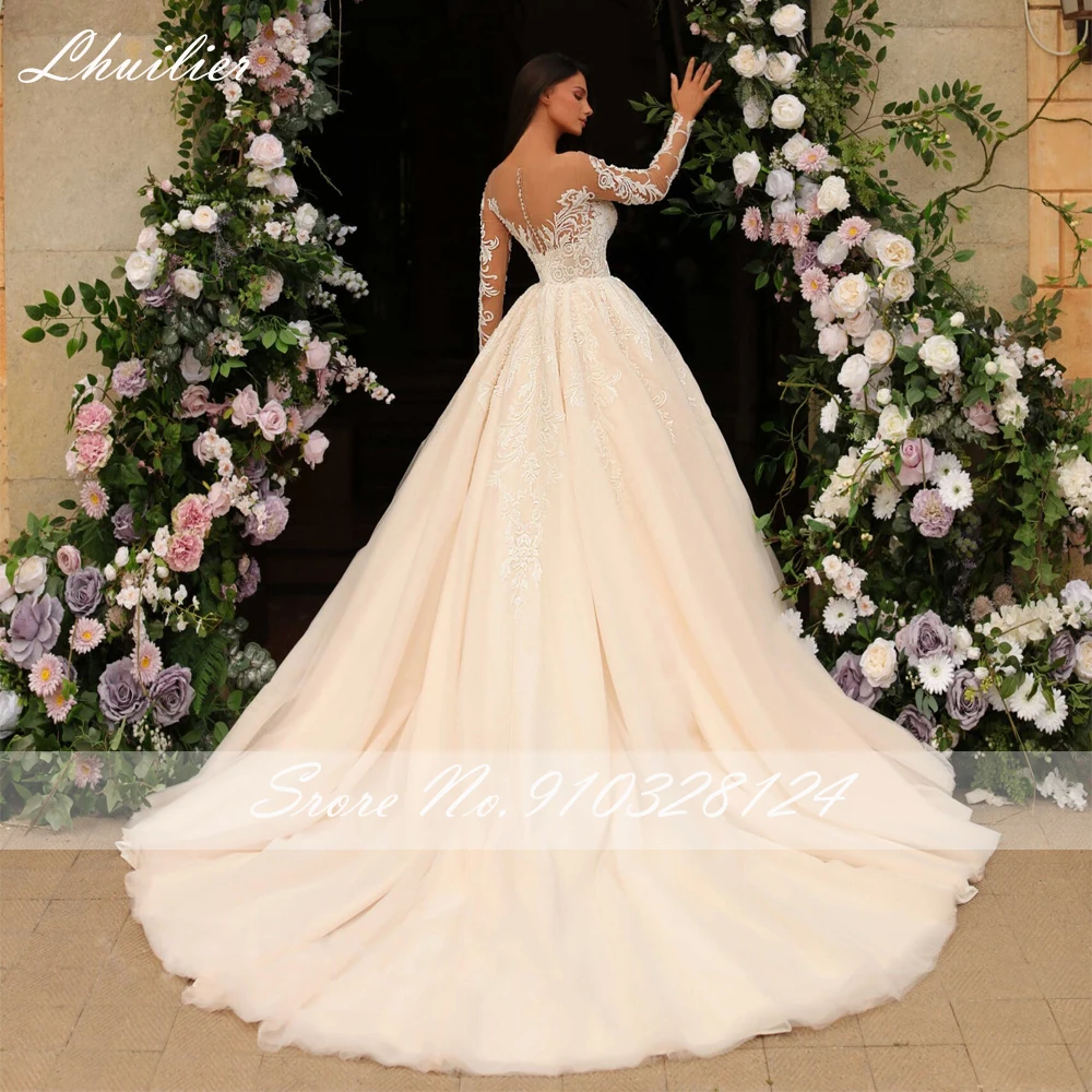 Lhuilier Scoop Neck Ball Gown Lace Wedding Dresses Floor Length Full Sleeves Beaded Bridal Gowns with Court Train