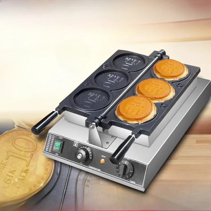 220V Commercial 3 Pieces Non Stick Coating Coin Bread Machine Cheese Bread Cartoon Coin Scones Waffle Iron Snack Equipment