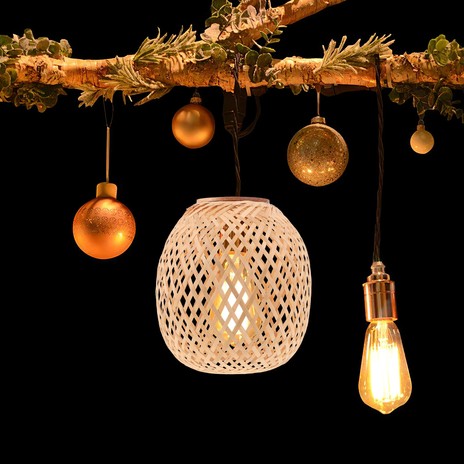 

Rustic Bamboo Lampshade Handwoven Hanging Lamp Shade Vintage Farmhouse Kitchen Light Cover Boho Bamboo Woven Pendant