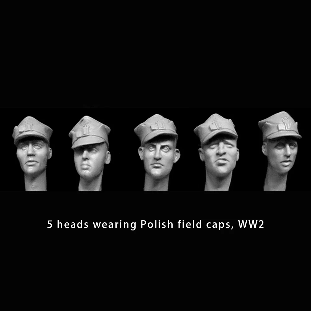 1/35 5 heads wearing Polish field caps, WW2, Resin Model figure soldier, Military themes, Unassembled and unpainted kit