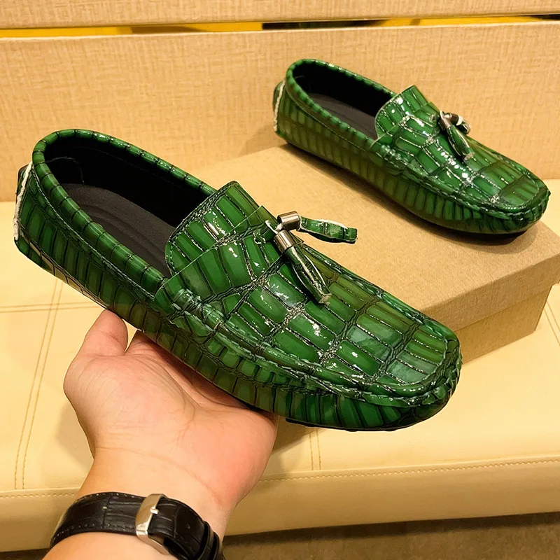 Men's Shiny Scale-Textured Tassel Loafers, Men's Daily Casual Slip-On Footwear, Men's Sturdy Sole Traction-Proof Footwear