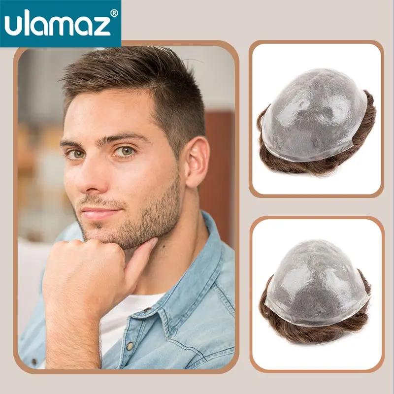 

Natural Skin Wig Man Clear Poly Toupee Hair Men Capillary Male Hair Prosthesis 0.08mm PU Man Hair System Human Hair Wigs For Men