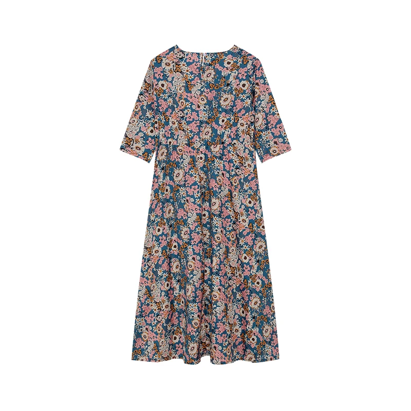 Spring Summer Printed Round Neck Casual Set Loose Long Dress with Pockets Middle Sleeve Cross-Border Women's Fashion