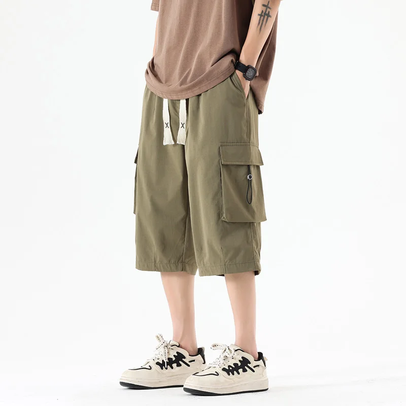 Summer Men's Cropped Pants Quick Drying Outdoor Travel Hiking Short Cargo Trousers Oversized Straight Pocket Calf-Length Pants