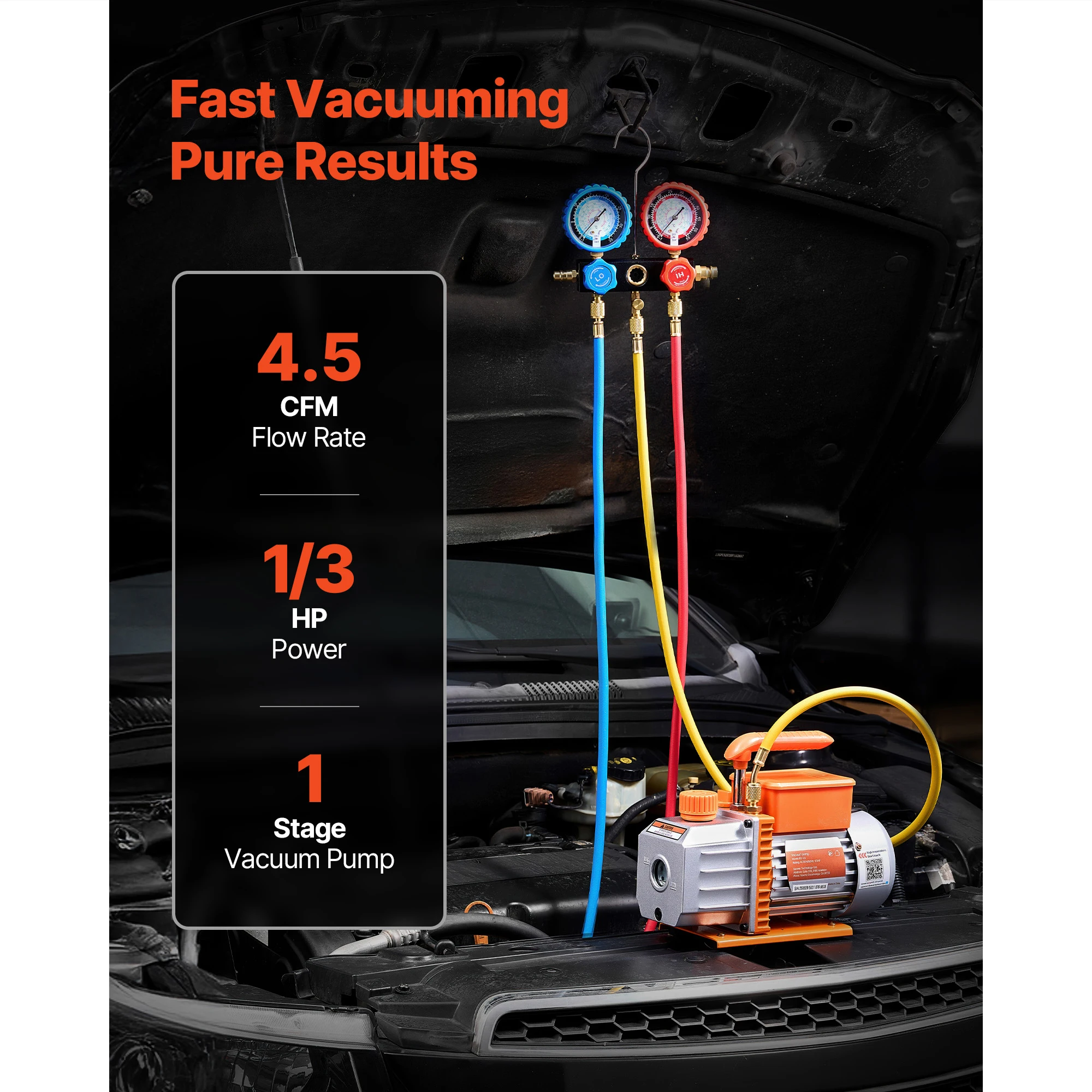 AC Vacuum Pump and Gauge Set, 4.5 CFM 1/3 HP, Designed for R134a R22 R410a R1234YF R32, with Carry Bag, Single Stage Rotary Vane HVAC Vacuum Pump, A/C Manifold Gauge Kit