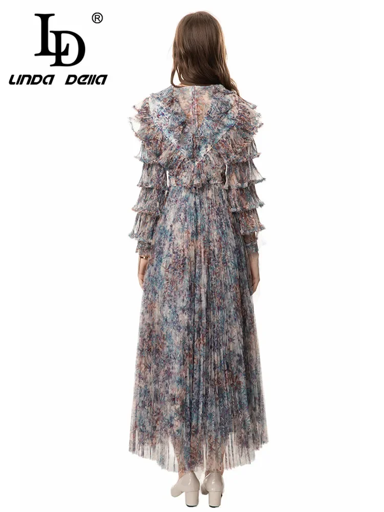 LD LINDA DELLA Summer Runway Temperament Vacation Dress Women's Small Floral Print Net Yarn Cascading Ruffle Long Dresses