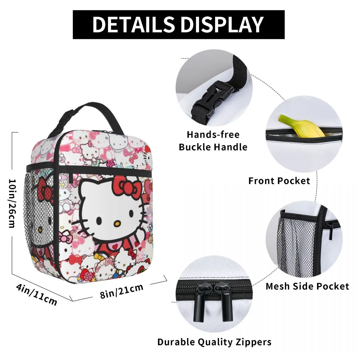 Custom Cute Cat Hello Kitty Resuable Lunch Boxes for Women Multifunction Thermal Cooler Food Insulated Lunch Bag Office Work