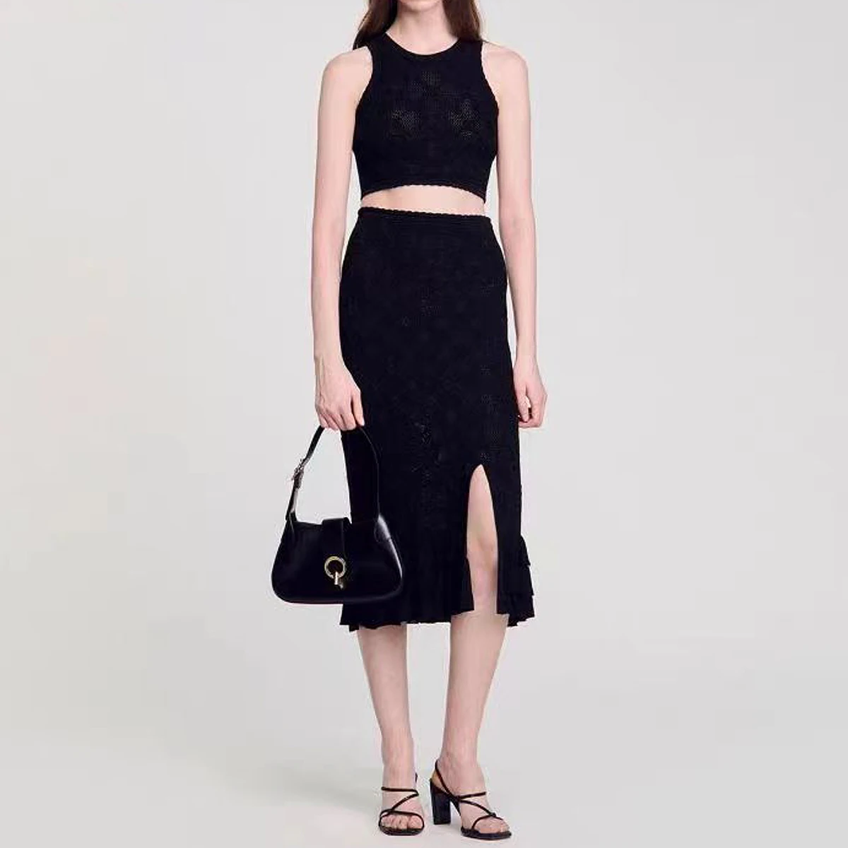

High Quality Summer New Fashionable Commuting Round Neck Sleeveless Ladies' Short Knitted Top+Half Body Mid Length Skirt Set