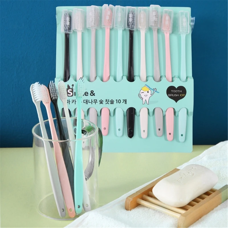 Q1QD 10pcs/set Eco-Friendly Toothbrush Natural Handle Soft Bristle Adult Soft Bristle