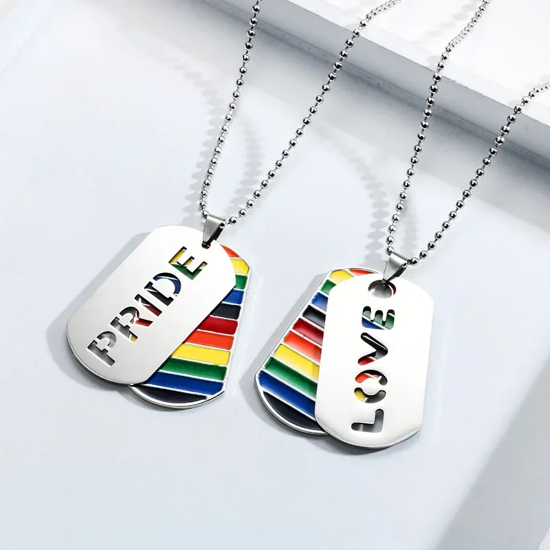 Rainbow Square Hang Tag Stainless Steel Man Chain Hip Hop Pendant Necklace for Women Men Pride Love LGBT Lesbian Gay Jewelrey