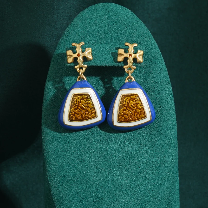 

Vintage Enamel Brand Blue Stone Gilded Pattern Gold Color Cross Drop Earrings for Women Antique Jewelry Gifts for Women Useful