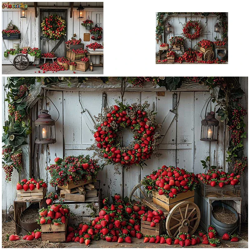 

Mocsicka Spring Photography Background Strawberry Season Happy Birthday Fear Party Wooden Door Backdrop Adult Kids Portrait