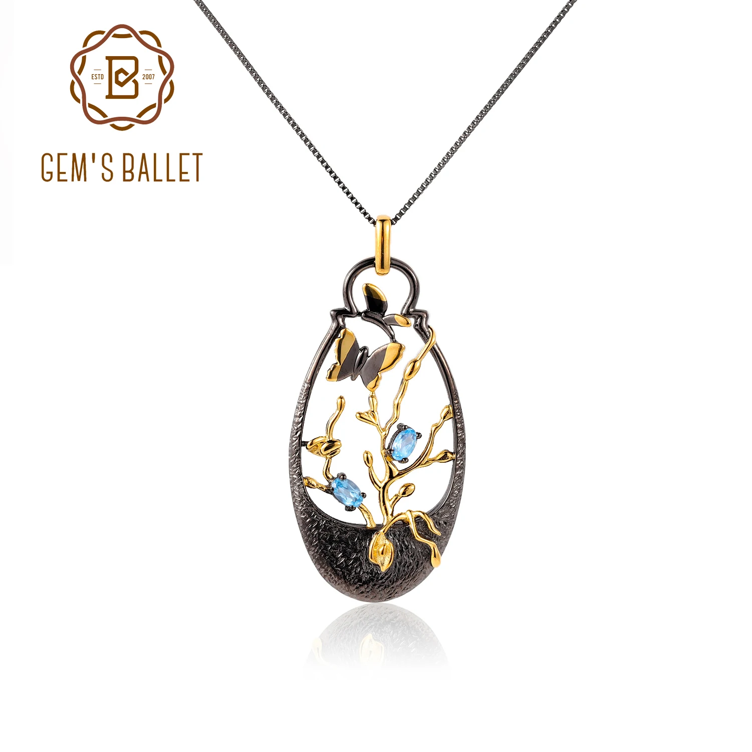 GEM'S BALLET Secret Garden Natural Swiss Blue Topaz Pendant 925 Sterling Silver Branches Butterfly Pendant Necklace Gift for Her