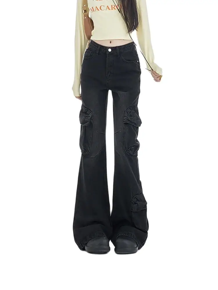 

Women's Black Gothic Cargo Jeans Vintage Y2k 90s Flare Denim Trousers Emo 2000s Harajuku High Waist Cowboy Pants Trashy Clothes