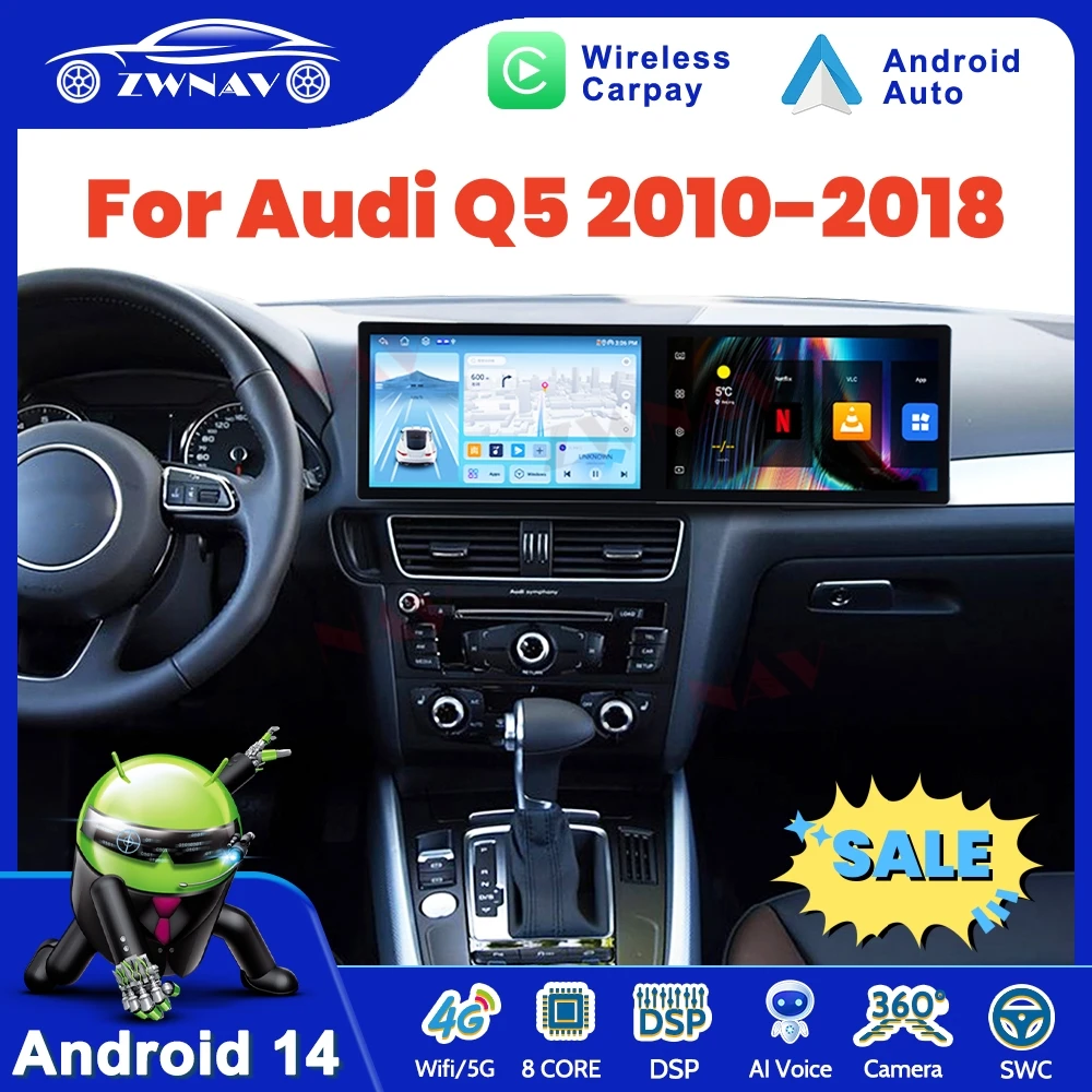 25Inch Android 14 Qualcomm Car Radio For Audi Q5 2010-2018 Carplay Multimedia Radio Stereo Auto GPS Navigation Multimedia Player