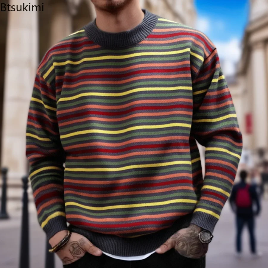 New Men's Autumn Winter Warm Sweaters Fashion Rainbow Striped Loose Leisure Knitted Pullovers High Quality Thicken Knitwear Tops
