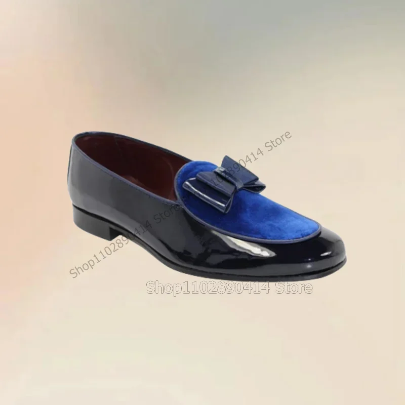 

Blue Corduroy Patchwork Bow Knot Decor Penny Loafers Fashion Slip On Men Shoes Luxurious Handmade Party Office Men Casual Shoes