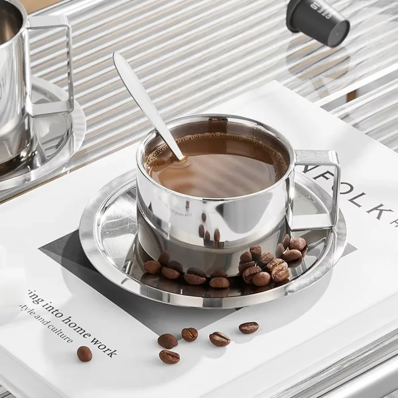 Mug Coffee Cup and Saucer Set Retro Stainless Steel Coffee Cup Small Exquisite Posing Vlog Afternoon Tea Cup