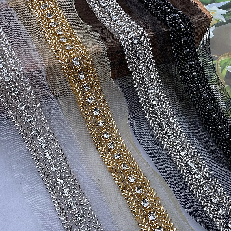 2Yards/Lot Embroidery Crystal Beaded Lace Trim 2.5cm Wide Hand Sewing Pearls Lace Tape For Clothing Collar DIY Crafts Decoration