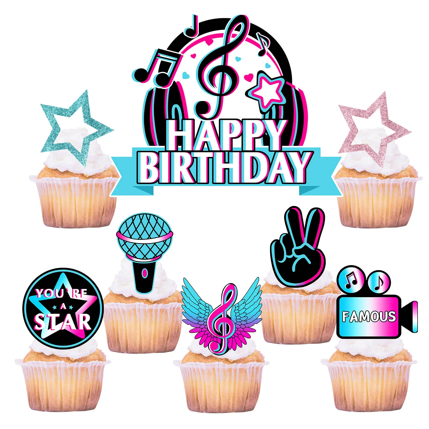 Musik-Kuchenaufsatz-Set, STERN BERÜHMTE, musikalische Geburtstagsparty-Kuchendekorationen für Musik, Karaoke-Thema, Geburtstagsparty-Zubehör – Detail 15