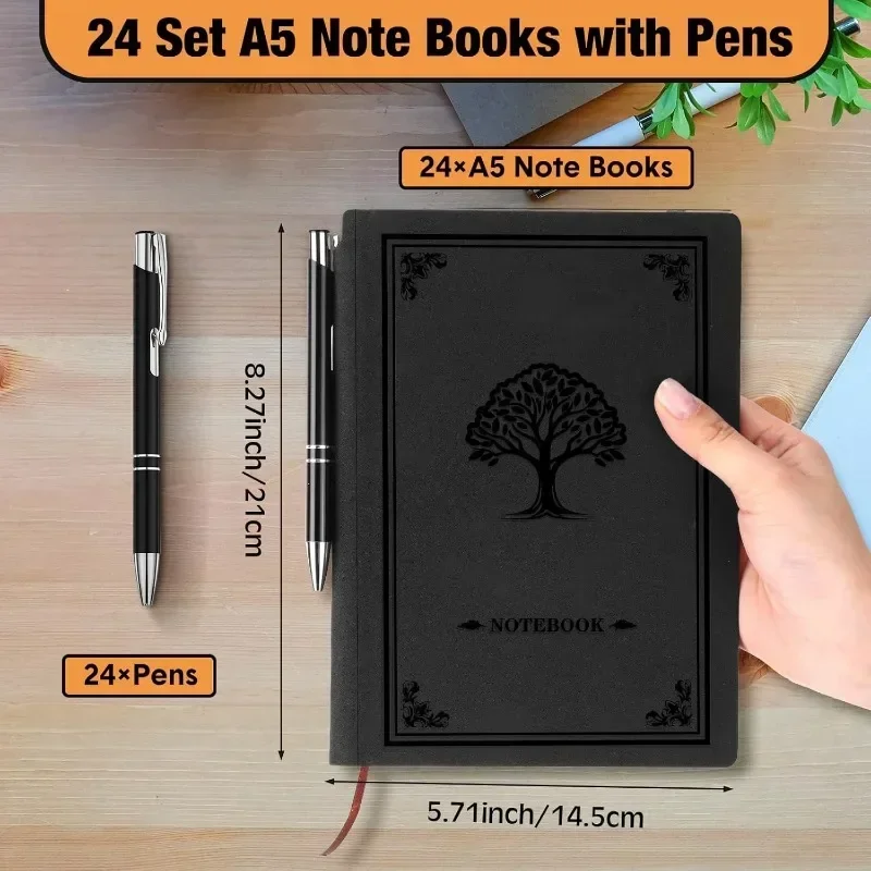 Home.24 Pack Journal Notebook with 24 Pen A5 Hardcover Notebook Bulk Tree of Life Leather Bound Journal Ruled Paper for School