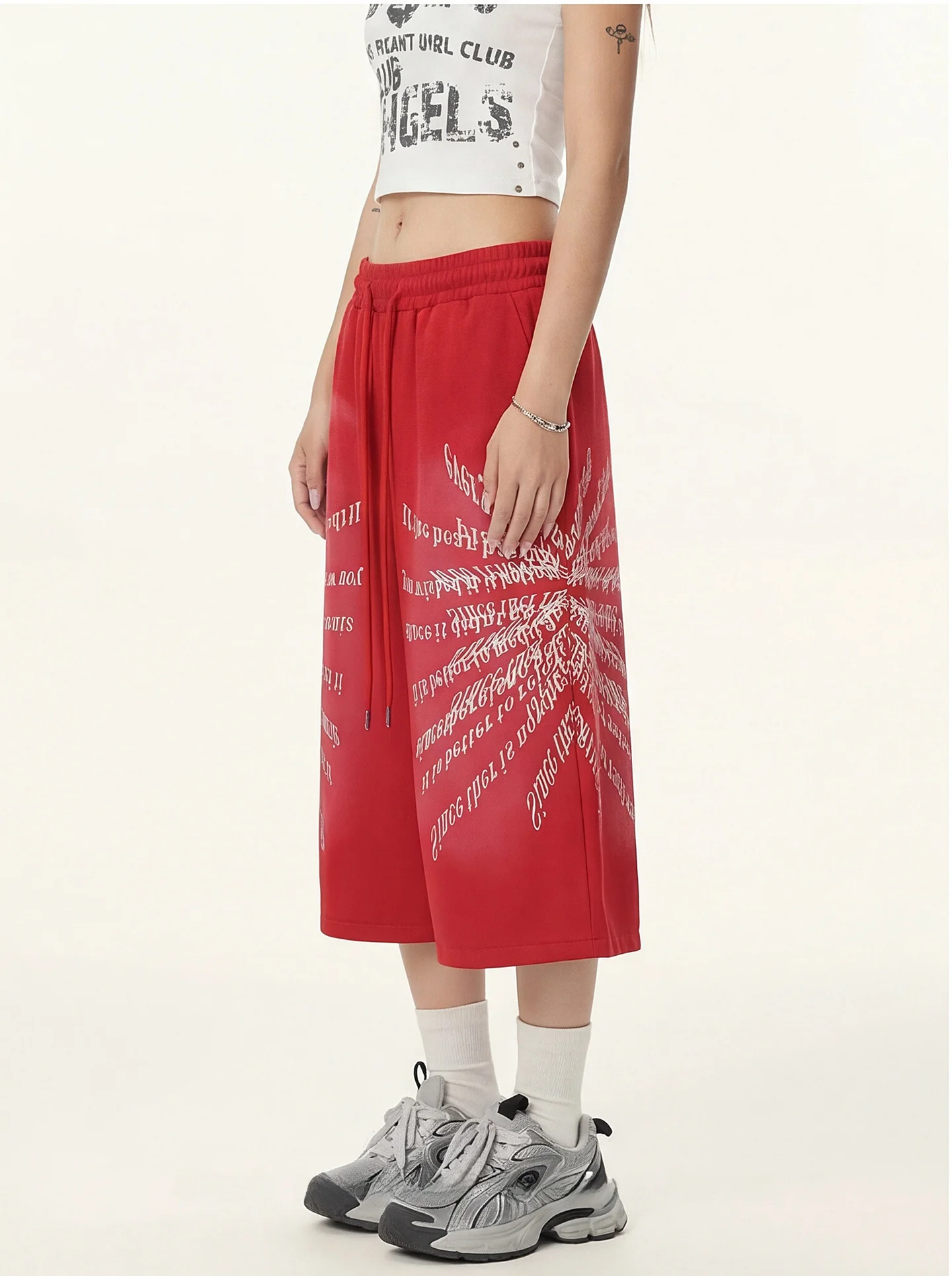Retro American Red Letter Print Seven-Foot Wide Leg Pants Neutral Loose Fit Gradient Color Casual Trousers for Women