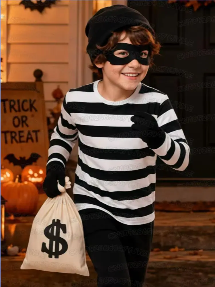 Kinder-Räuber-Kostüm, Gestreiftes Langarm-T-Shirt, Halloween-Dieb-Cosplay-Kostüm, Jungen-Mädchen-Erwachsenen-Eltern-Kind-T-Shirt – Detail 7
