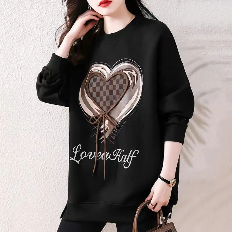 Women\'s Clothing Heart-shaped Printed Pullovers Spring Autumn Korean Long Sleeve Casual O-Neck Stylish Drawstring Sweatshirts