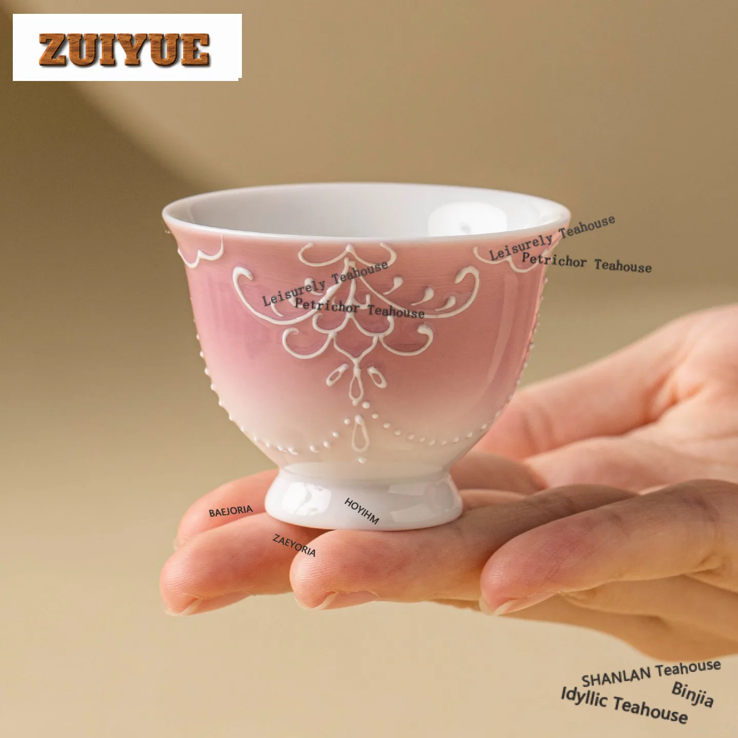 HOYIHM 39ml Gradient Pink High-feet Cup Hand-painted Beaded Curtains Tea Bowl Cute Tea Cup Tea-tasting Fragrance Cup Chazhan