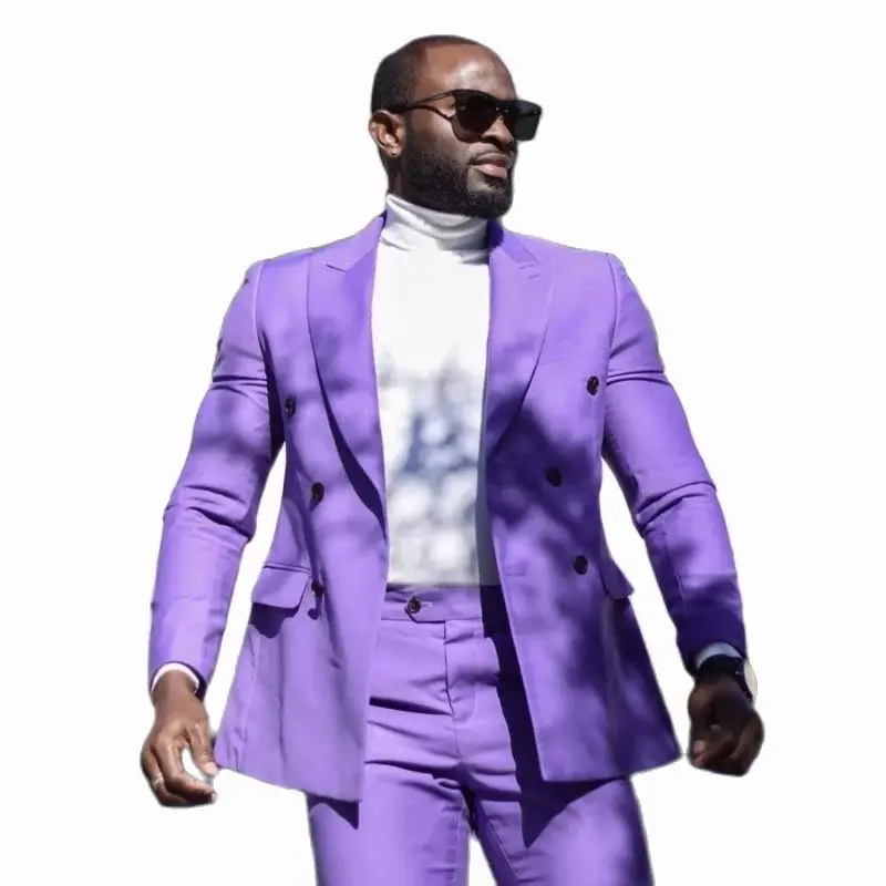 Latest Summer Purple Men Suit Slim 2 Piece Custom Double Breasted Wedding Groom Clothes Out fit Casual Daily Set Blazer Pants