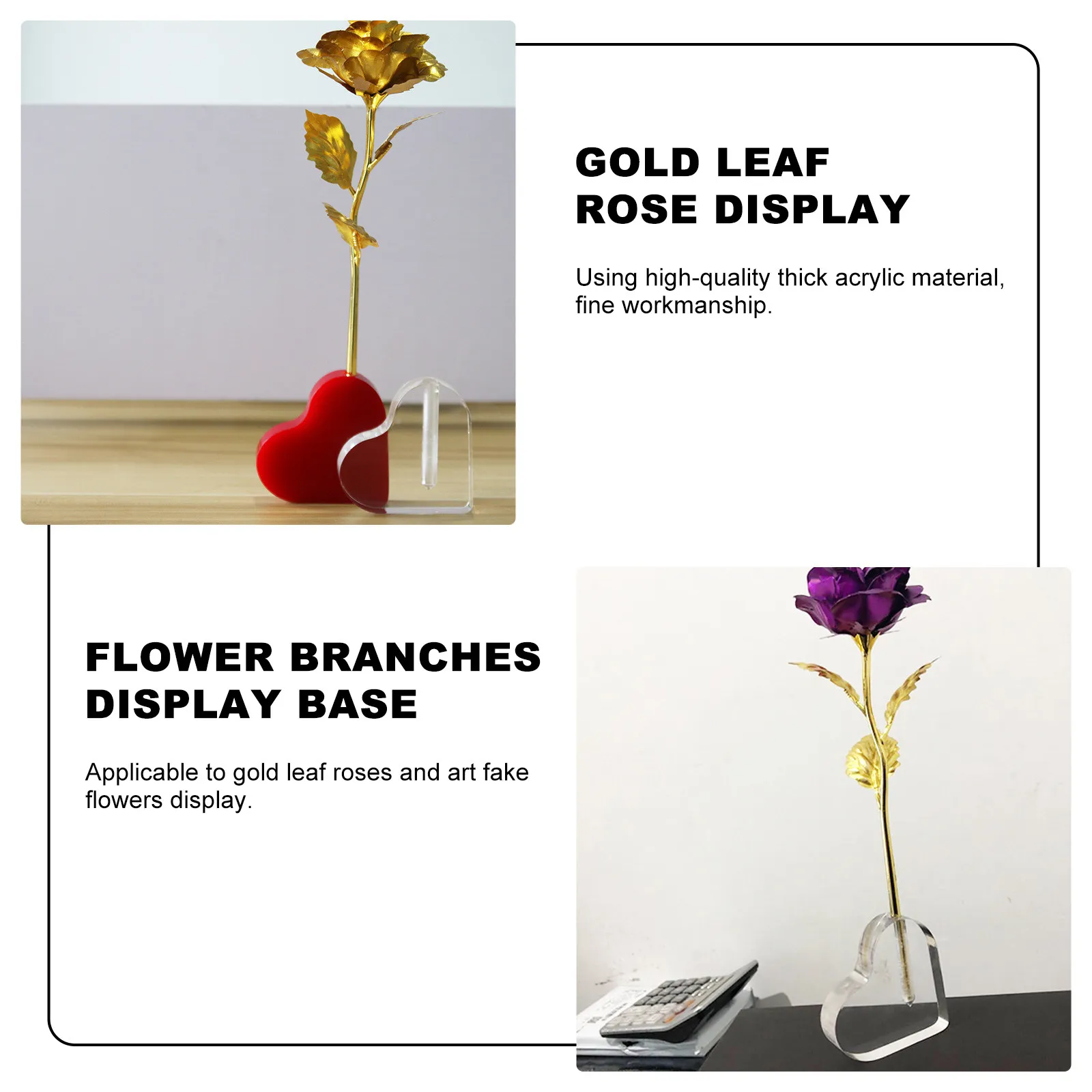 2Pcs Heart Shape Acrylic Rose Base Artistic Flower Stand Display Support for Gold Leaf and Fake Roses Rose Stand