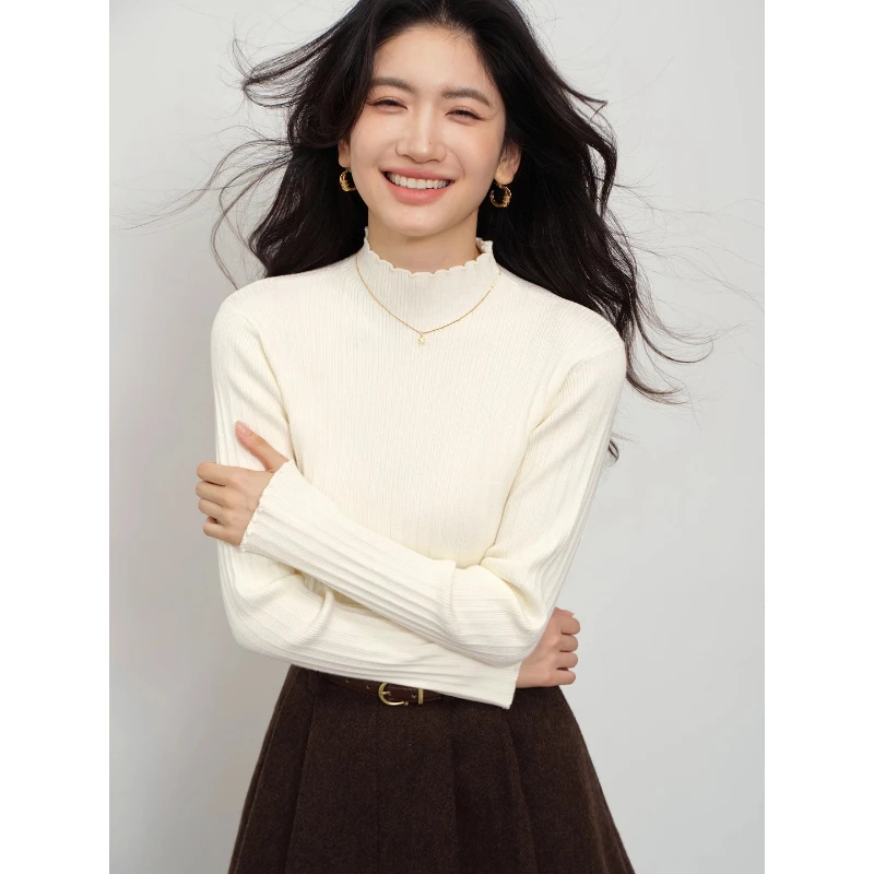 

ALXNAN пуловер с воротником-стойкой и рюшами, обычные плечи, облегающий многослойный трикотаж, осенние классические вязаные топы с длинными рукавами L58785