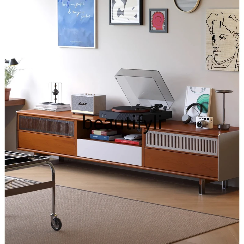 

TV cabinet living room new medieval solid wood storage floor TV cabinet