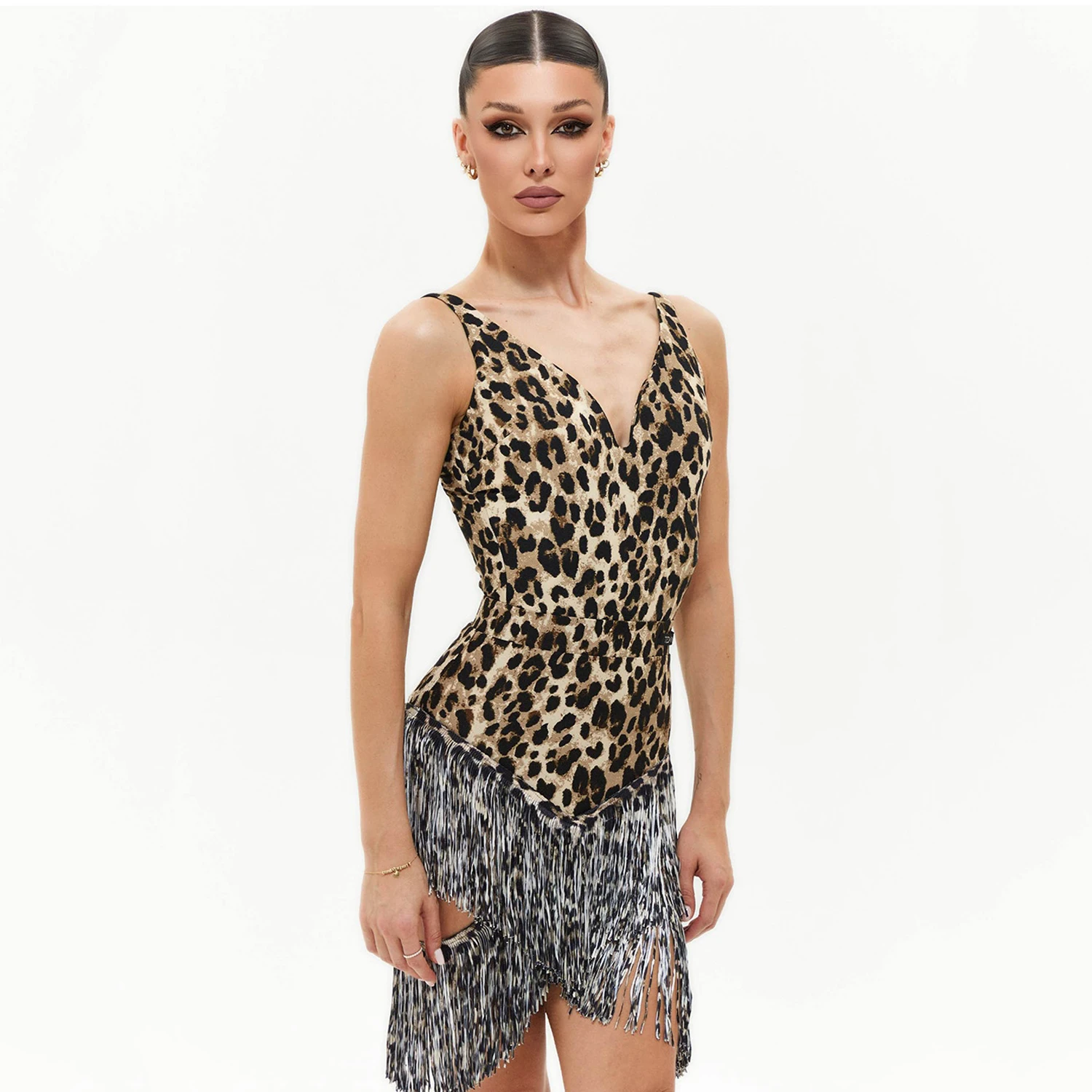 Jupe de danse latine Sexy pour femmes, jupes noires léopard ajourées, vêtements de danse à franges pour adultes, vêtements de Performance Rumba Cha Cha DNV24474