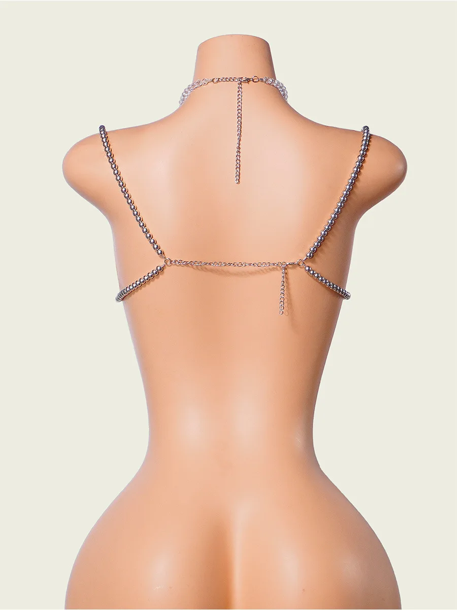 Sexy White Crystal Hanging Neck Chest Chain Women'S Transparent Body Chain Top Vest Tassel Vest Short Bikini Chest Decoration