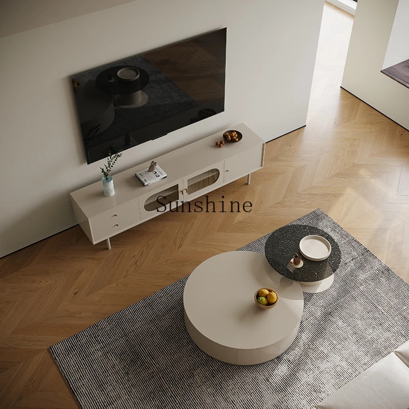 ตู้วางทีวีไม้เนื้อแข็งนอร์ดิกตู้ห้องนั่งเล่นกระจกเรียบง่ายทันสมัย