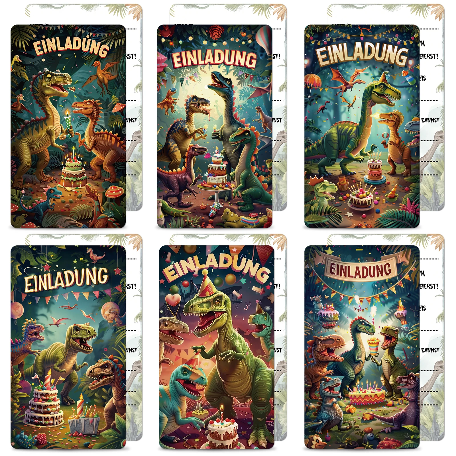 12 Stück Dinosaurier-Party-Einladungskarten, 6 verschiedene Muster, Dinosaurier-Kuchen, Geburtstagseinladungskarten, Cartoon-Dinosaurier-Thema, Invita