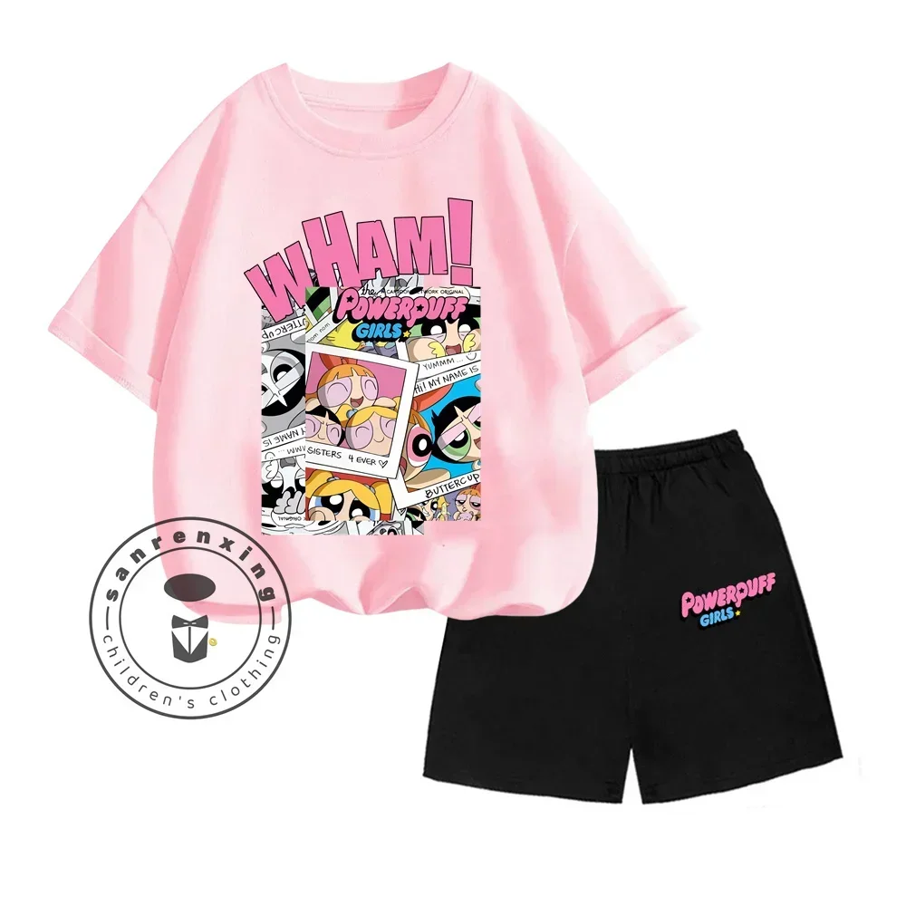 2025 3-13 Years Old Powerpuff Girls Cartoon Printed Set Summer Absorb Sweat Print Design T-shirt T-shirt+loose Edition Shorts